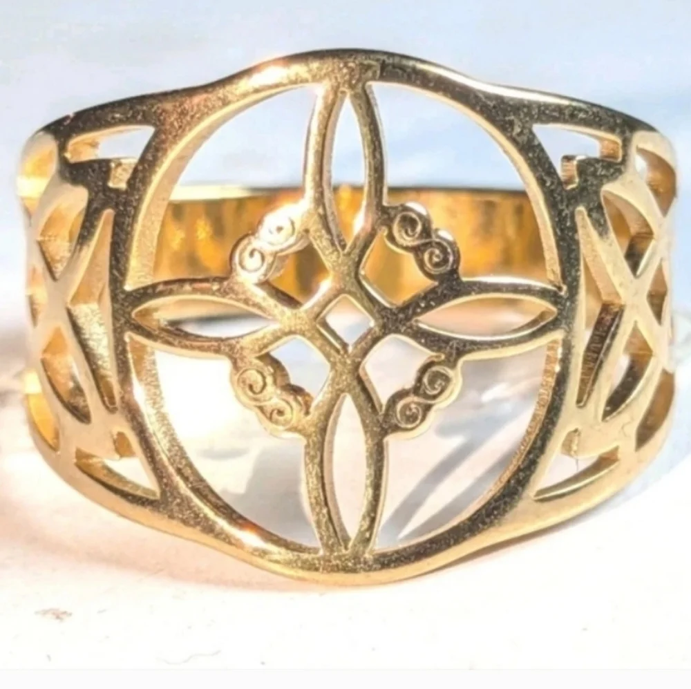 Witch Knot Golden Stainless Steel Ring For Women Wiccan Cross Celtic Knot Sz 8